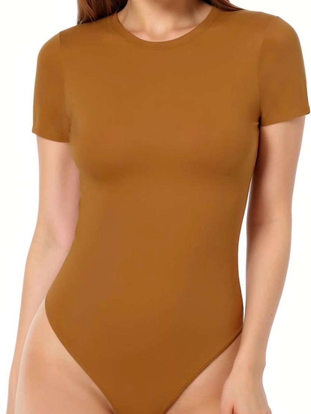 NWT MANGOPOP Women's Brown Round Neck Short Sleeve Bodysuit T Shirts Tops - M